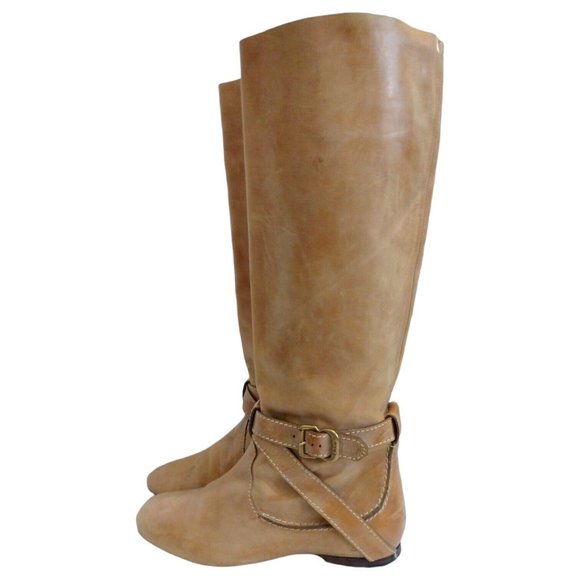 Chloe Womens Beige Tan Knee High Leather Boots Mid Calf EU 37 Slip-On Flat Heel - Picture 4 of 12